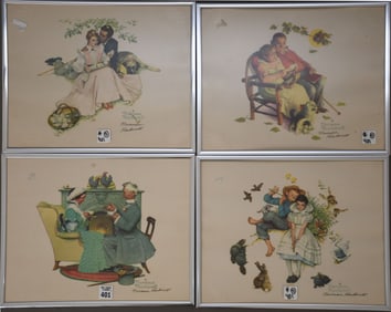 4 Prints all Hand signed by Norman Rockwell, small chrome frames 11-1/2 x 14-1/2 each.