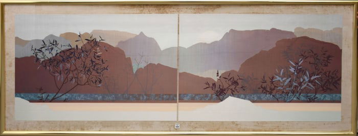 Lithograph Diptych , signed illegibly. Panoramic stylized landscape with mountains and foliage.