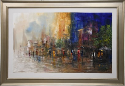 Gaston Petridis (Born 1938) American, Large Oil on Canvas Street Scene, overall framed size 36 x 54