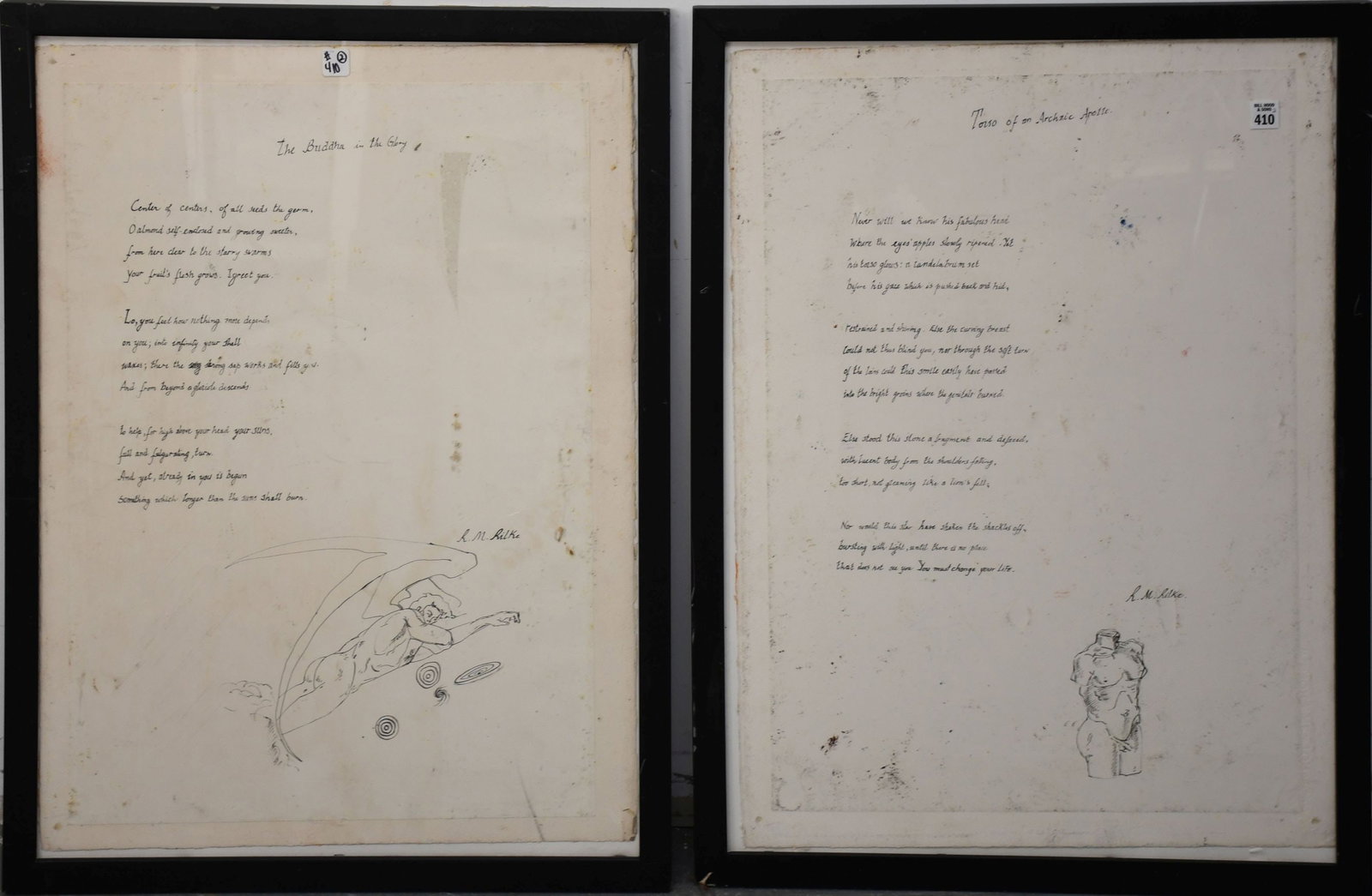 Pair Ink on paper drawing by R.M.Rilke. Torso of an Archaic Apollo & The Buddha in the Glory. Paper (1 of 13)