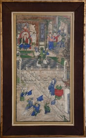 Antique Chinese oil on canvas painting, Many figures in Emperors Courtyard scene. Canvas sizes 25 x