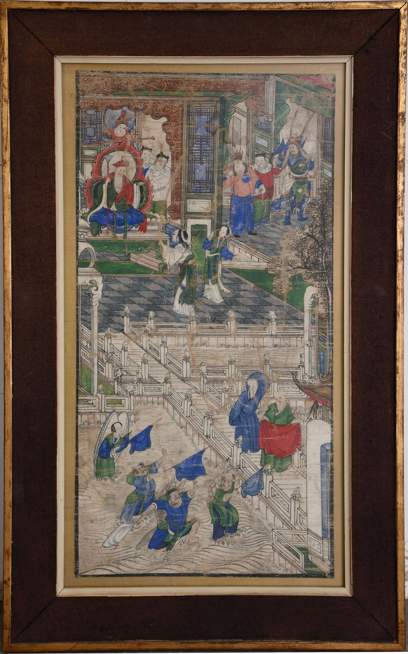 Antique Chinese oil on canvas painting, Many figures in Emperors Courtyard scene. Canvas sizes 25 x: Antique Chinese oil on canvas painting, Many figures in Emperors Courtyard scene. Canvas sizes 25 x 12-1/2, overall size 31-1/2 x 19-1/2 inches