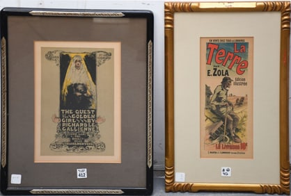 2 Mini French Posters: La Terre & The Quest of the golden Girls. La Terre with gold frame is 21 x 13