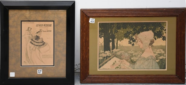 2 Antique Lithographs, The Embroiderer by Henri Privat-Livemont. Art Nouveau Belgian artist. Overall