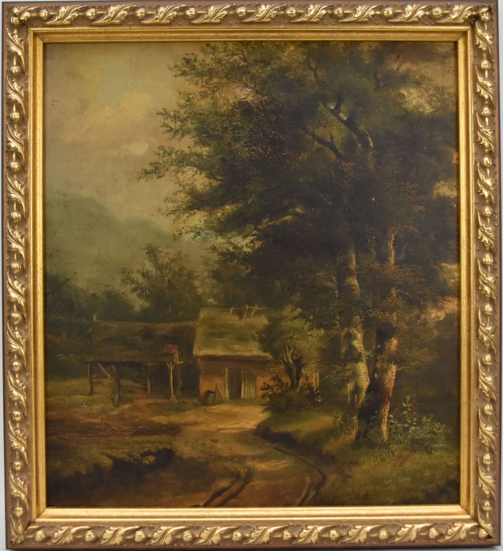 19th Century Oil on canvas painting, Landscape cottage and tree's, no visible signature, 24 x 22: 19th Century Oil on canvas painting, Landscape cottage and tree's, no visible signature, Overall Frame Size 24 x 22 inches. Relined and some craquelure.