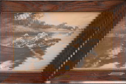 Antique Berthold Genzmer Print "Romantic boat trip" frame size 21.5 x 30 inches