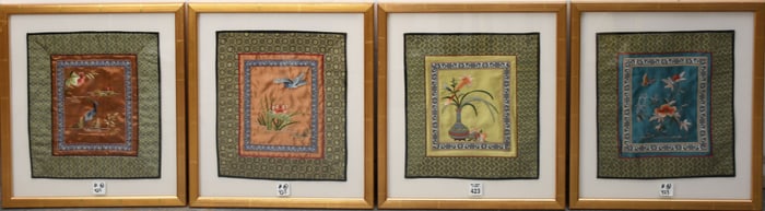 4 Chinese mid century silk panels. Silk Approx.12 x 10-1/2 inches. Overall framed size 16 x 15