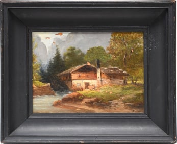 Antique European School Mountain cottage by river, signed Briigman, lots of paint loss, overall