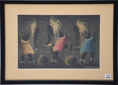 African Dance, 3 figures. Oil on canvas, signed TDM Kalamba. Sight 11-1/2 x 15 inches. Overall