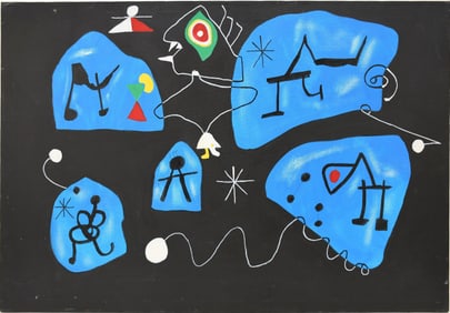 Abstract Shapes Style of Miro. Oil on Canvas, Unsigned. 24 x 36 inches.