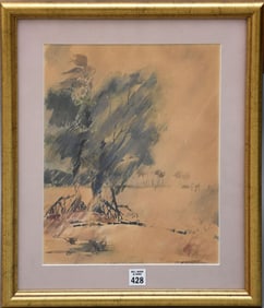 Mystery Artist? Vintage Watercolor Tree's in a landscape, 13-1/2 x 10-1/2 sight. Overall 18-1/2 x