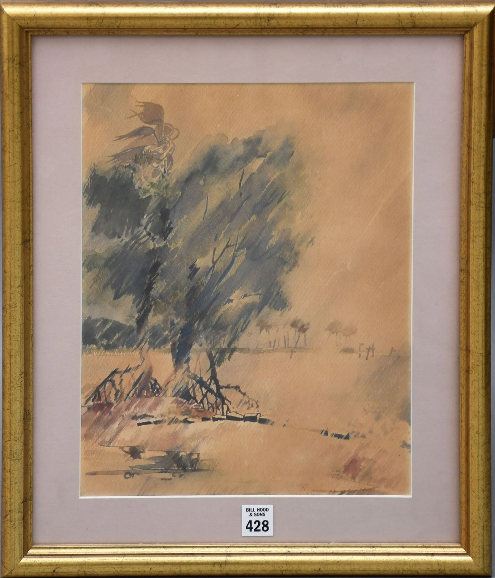 Mystery Artist? Vintage Watercolor Tree's in a landscape, 13-1/2 x 10-1/2 sight. Overall 18-1/2 x: Mystery Artist? Vintage Watercolor Tree's in a landscape, 13-1/2 x 10-1/2 sight. Overall 18-1/2 x 15-1/2 inches.
