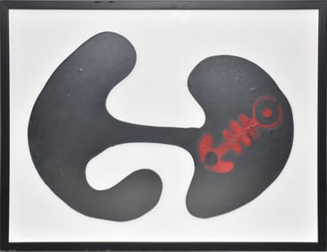 UNATTRIBUTED, 20th Century, Untitled, Painted black wood, Organic form plaque with red geometric