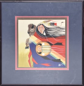 Larry Hood (American, born 1950) Native American, Indian and buffalo, watercolor/gouache, signed and