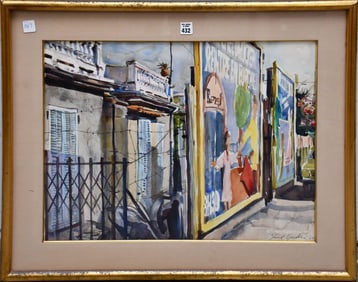 Watercolor Painting Island street facade site size 17-1/2 x 23 inches, Illegibly signed lower right