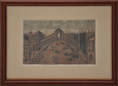 Scolari Stefano (1650-1687) 17th Century Venetian Engraving, Rialto Bridge Venice, colored
