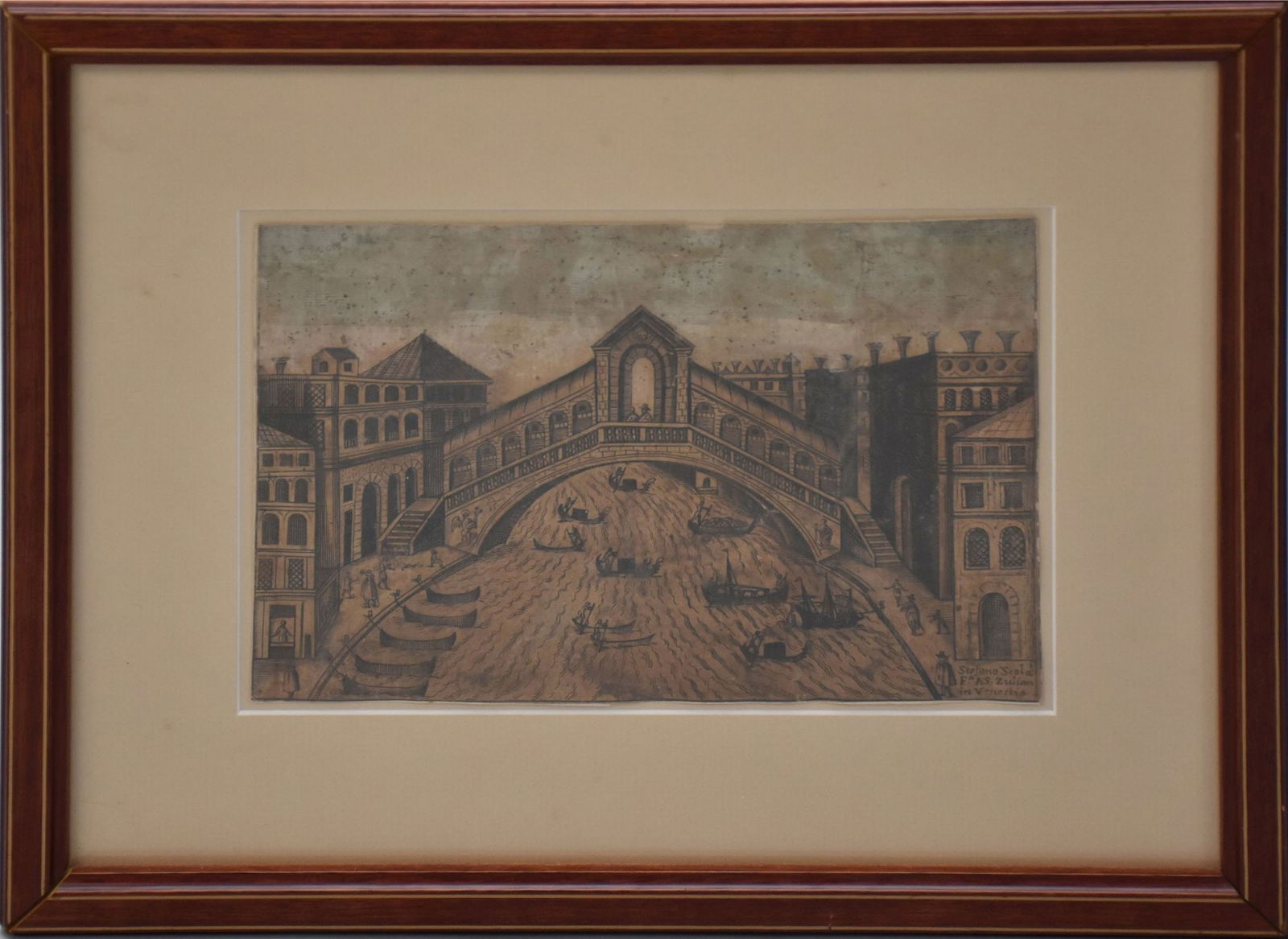 Scolari Stefano (1650-1687) 17th Century Venetian Engraving, Rialto Bridge Venice, colored (1 of 8)