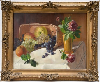 19th century oil on canvas, still life Grapes Apples and Basket, no visible signature, small patches