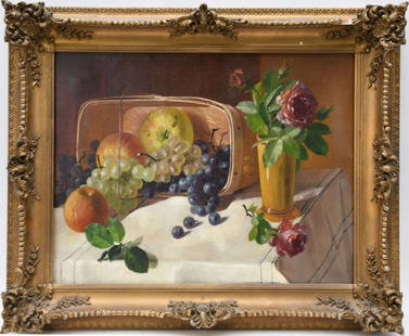 19th century oil on canvas, still life Grapes Apples and Basket, no visible signature, small patches: 19th century oil on canvas, still life Grapes Apples and Basket, no visible signature, small patches on back, Canvas 14 x 18 inches, Frame size 19" x 23" (old Chicago Art gallery label on verso)