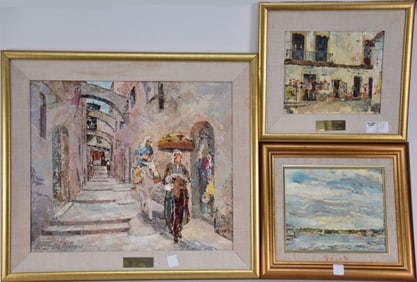Abraham J. Silverman- Via Dolorosa (Jerusalem) 3 oil on canvas, street scene, harbor scene, largest
