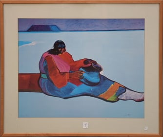 John Nieto (American, b. 1936) PRINT, Enthios Gallery Santa Fe. Navajo lady with pottery Jar Frame