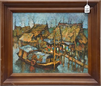 Malaysia School Market on Docks, oil on canvas signed illegibly, 14 x 17 inches, overall framed