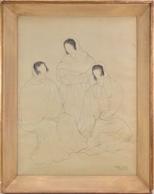 1950 Mexico pen on paper drawing three ladies signed illegibly Hector Xavier be? 24 x 18 inches,