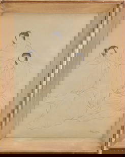 1950 Mexico pen on paper drawing three ladies signed illegibly Hector Xavier be?  24 x 18 inches,: 1950 Mexico pen on paper drawing three ladies signed illegibly Hector Xavier be? 24 x 18 inches, overall frame size 28 x 22 inches