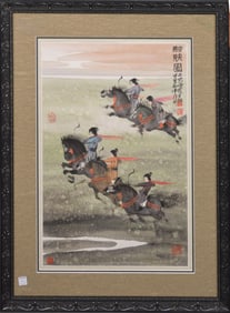 Chinese watercolor by Liang Shangjun, woman archers on horse back, image 27 x 18 inches, overall