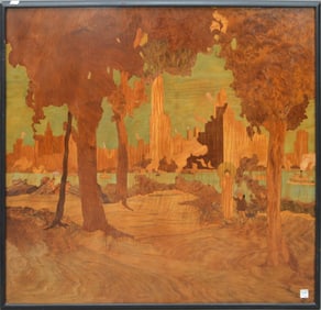 Vintage Rowley Marquetry inlay panel , Landscape Woods with figures and city skyline in background