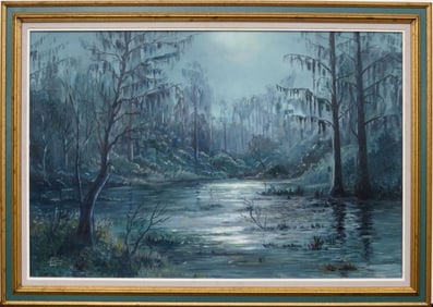 CARL LARSON, (Florida, 20th Century), Oil/Canvas, FLORIDA WETLANDS BY MOONLIGHT, 24 inches x 36
