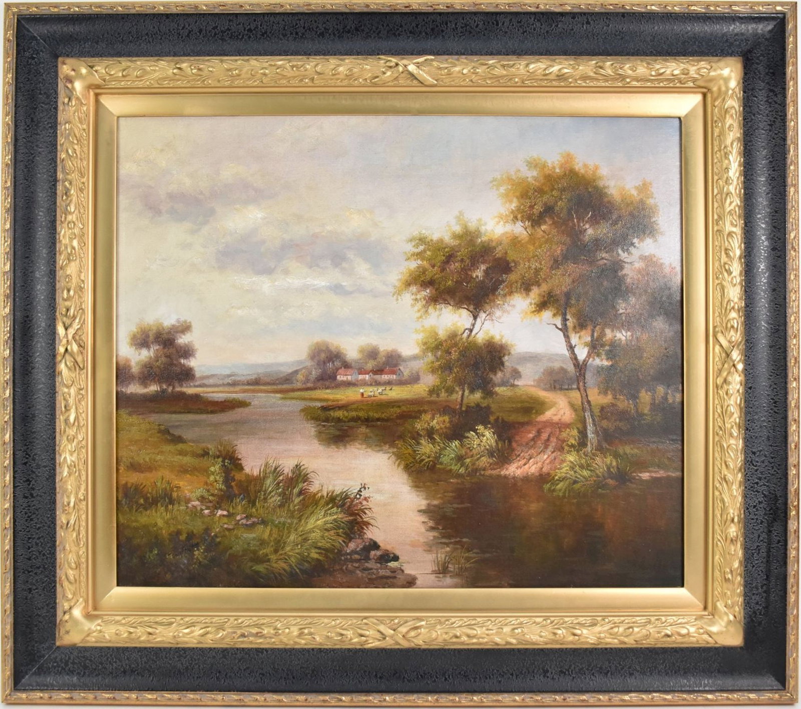 20th Century Decorative Landscape farm/homestead, oil on canvas, 20 x 24 inches frame 30" x 34": 20th Century Decorative Landscape farm/homestead, oil on canvas, 20 x 24 inches frame 30" x 34"