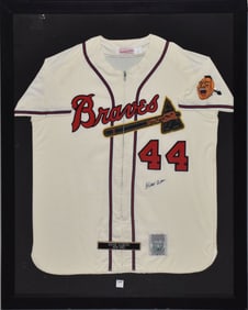 Vintage Atlanta Braves Hank Aaron Autographed Jersey Under glass size 43 x 35 inches.