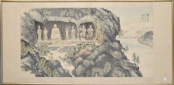 Large Antique Chinese watercolor painting "Yungang Cave" 67 x 32 inches