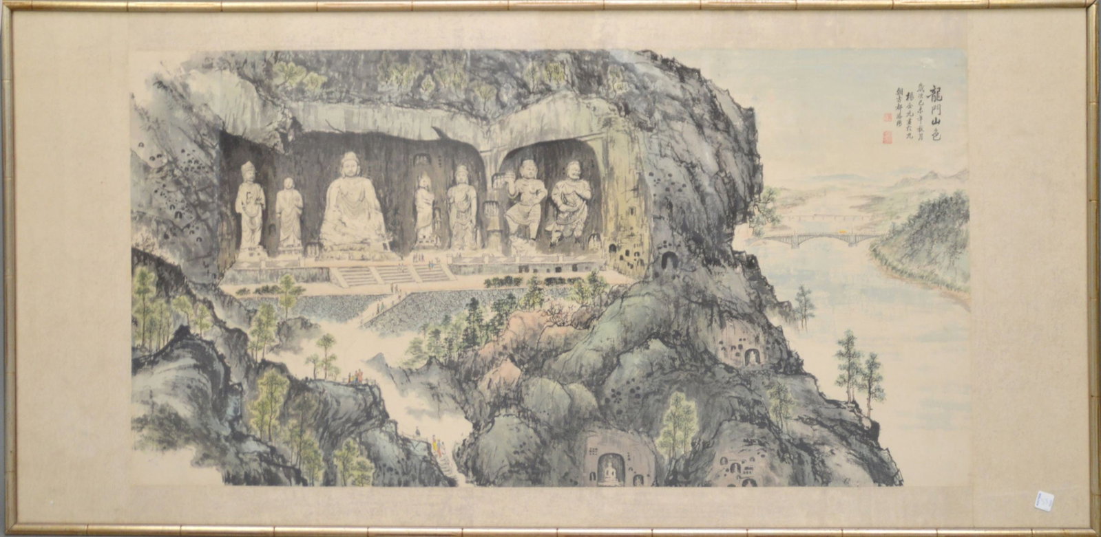 Large Antique Chinese watercolor painting "Yungang Cave" 67 x 32 inches: Large Antique Chinese watercolor painting "Yungang Cave" 67 x 32 inches