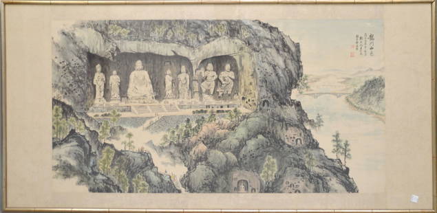 Large Antique Chinese watercolor painting "Yungang Cave" 67 x 32 inches: Large Antique Chinese watercolor painting "Yungang Cave" 67 x 32 inches