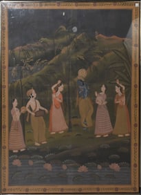 Large Mogul boutique Hindu god landscape framed under plexiglass 62" x 50"