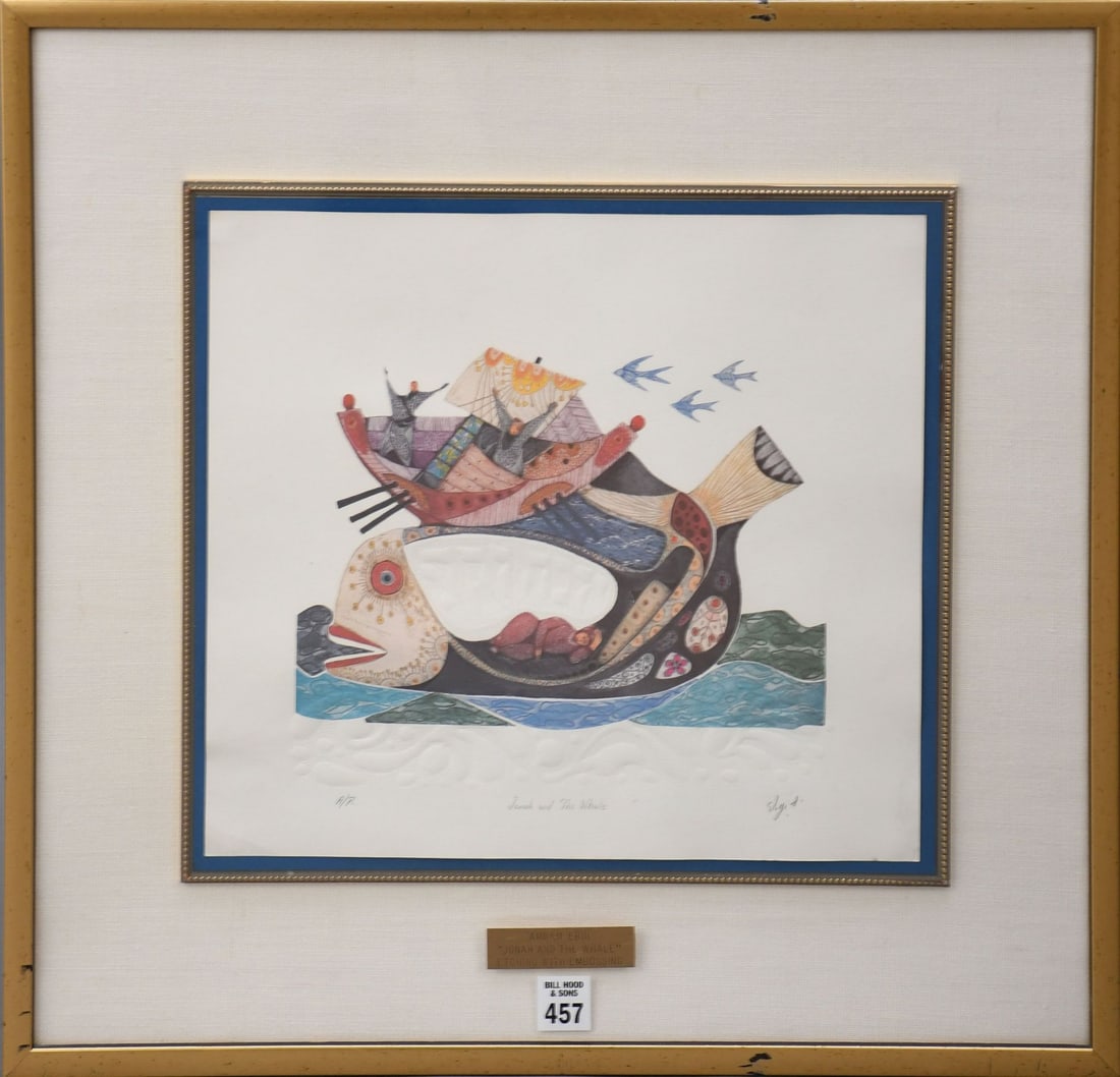 Amram Ebgi (Israeli - American, b. Morocco 1939) Jonah and the whale, Artist Proof Lithograph in: Amram Ebgi (Israeli - American, b. Morocco 1939) Jonah and the whale, Artist Proof Lithograph in colors, Signed titled on lower edge, Sight Size 12" x 13.5" Frame size 20" x 21"