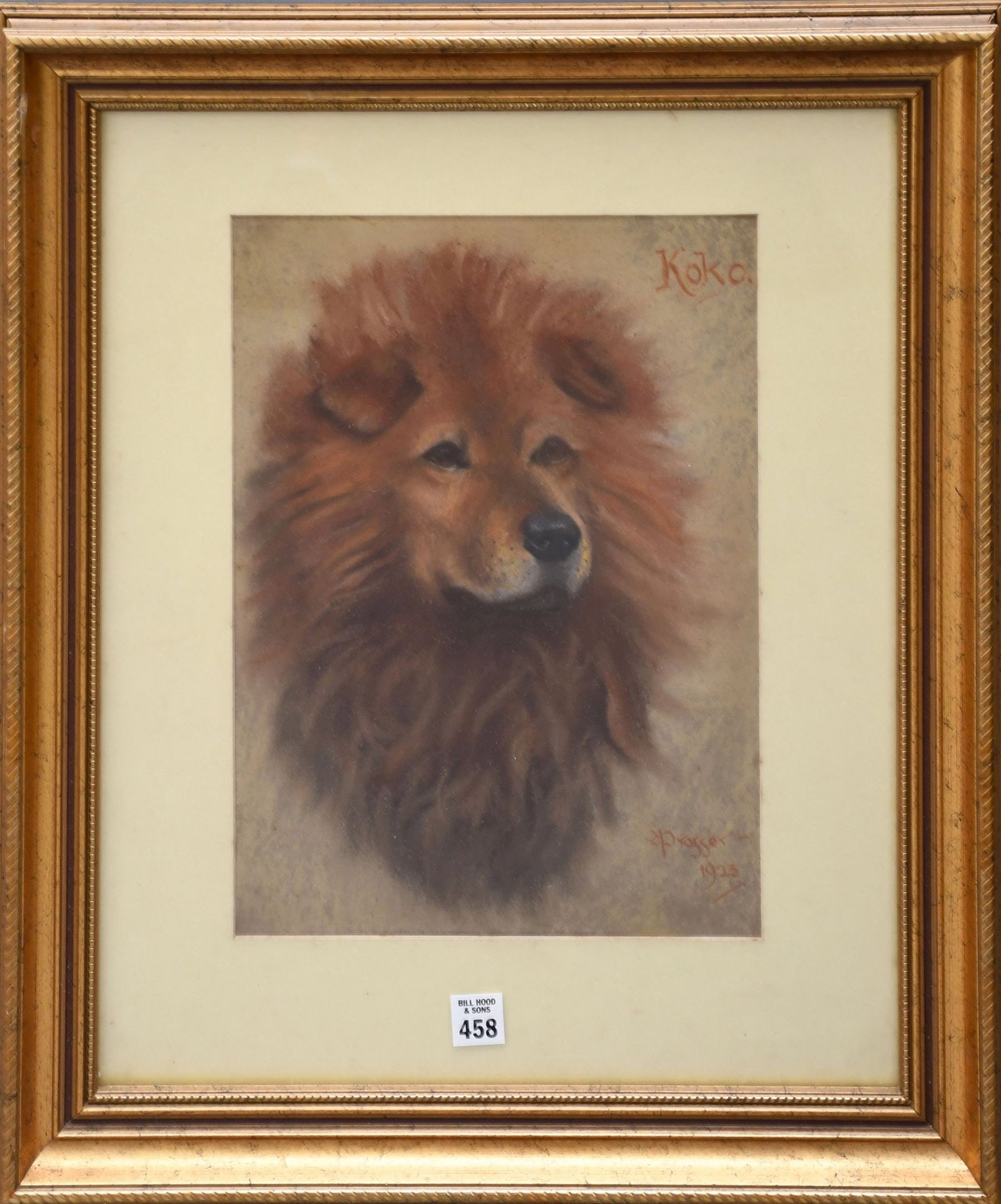 KOKO the Dog, signed Prosser ?? and dated 1923. Pastel on paper, sight size is 14 x 10 inches.: KOKO the Dog, signed Prosser ?? and dated 1923. Pastel on paper, sight size is 14 x 10 inches. overall size is 23-1/2 x 19-1/2 inches