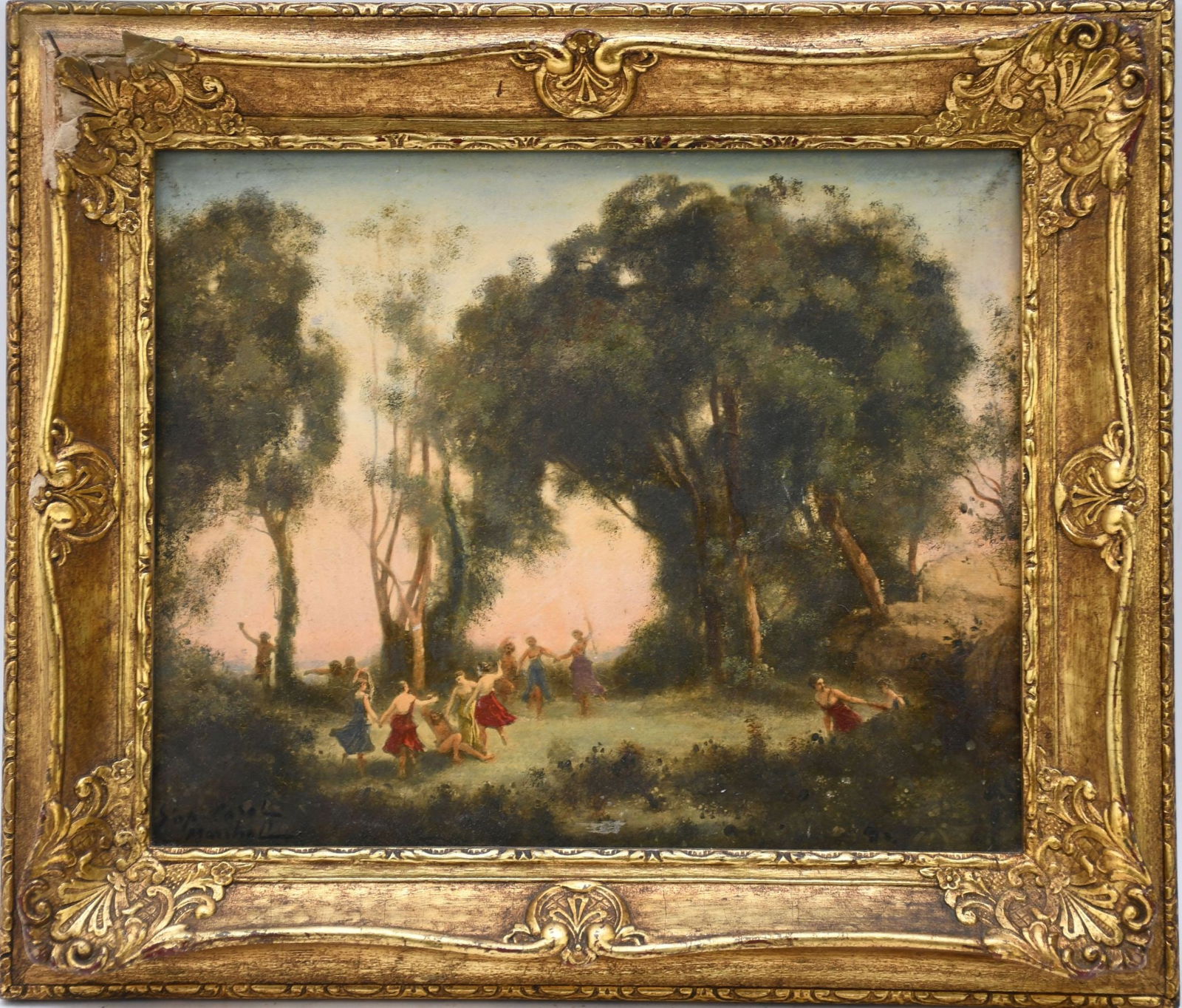 Illegibly signed, Small landscape- Painted over Print, 8 x 10 inches.  Overall framed size 12 x 14 (1 of 5)