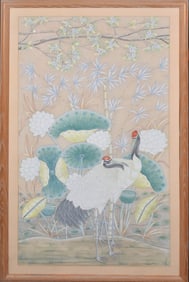 Large Chinese Watercolor on Silk, Crane and bamboo 56 x 30-1/2 inches. framed size 63 x 38 inches.