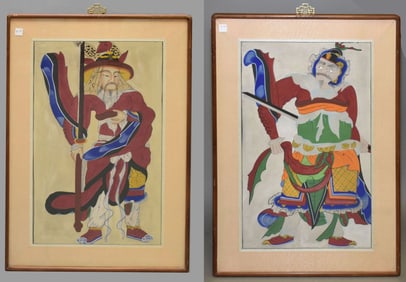 Pair Chinese Watercolor Warrior Portraits on Cloth. 28 x 16-1/2 inches. Overall framed size 35-1/2 x