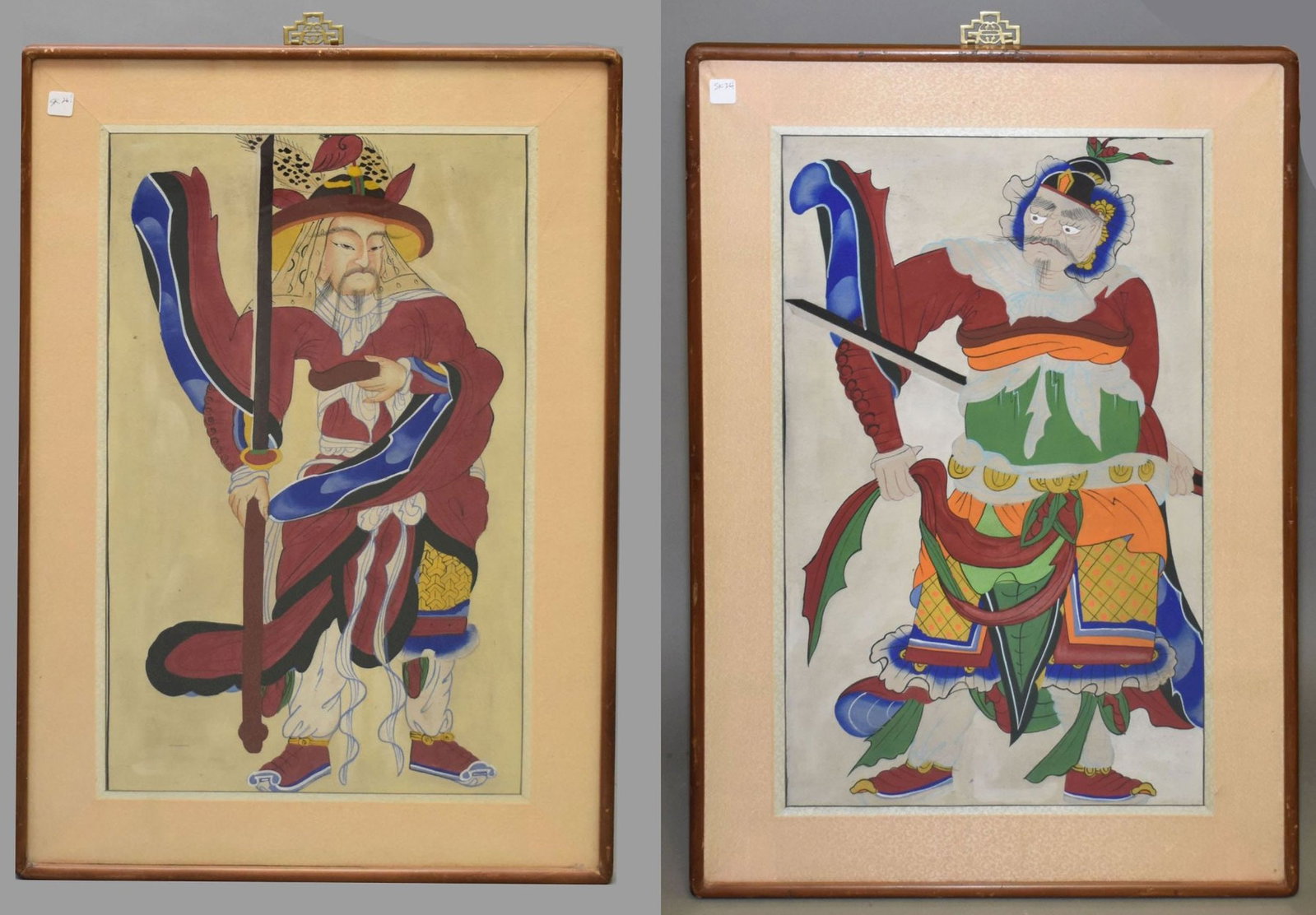 Pair Chinese Watercolor Warrior Portraits on Cloth. 28 x 16-1/2 inches. Overall framed size 35-1/2 x: Pair Chinese Watercolor Warrior Portraits on Cloth. 28 x 16-1/2 inches. Overall framed size 35-1/2 x 24.