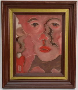 David Tinsley (Born 1951) signed Tinsley '98 in bottom right, oil on board, portrait of red abstract: David Tinsley (Born 1951) signed Tinsley '98 in bottom right, oil on board, portrait of red abstract face Title painted on verso "Memories" , 10" x 8" Overall size 14" x 12"
