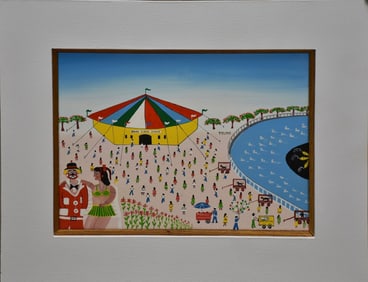 Genaro de Carvalho (Brazilian,1926-1971) oil on canvas, Circus Scene, 10-1/2 x 14 inches