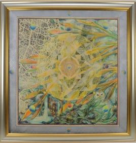 A psychedelic mixed media work on canvas depicting a geometric design to center with flower, owl and