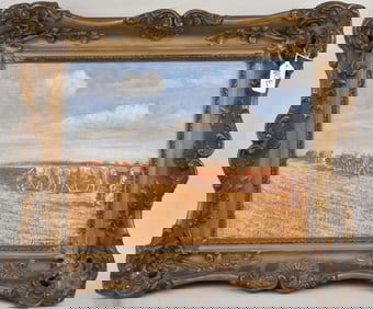 Antique Hungarian Painting. Oil on canvas laid on board, farmers and oxen plowing the field. Signed