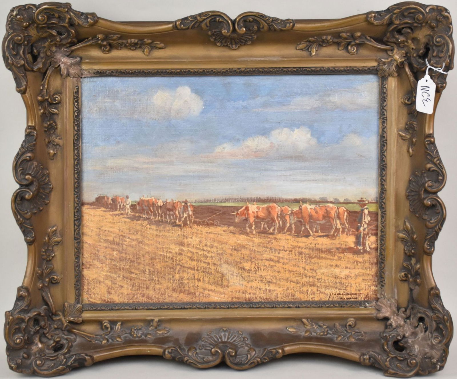 Antique Hungarian Painting. Oil on canvas laid on board, farmers and oxen plowing the field. Signed (1 of 8)