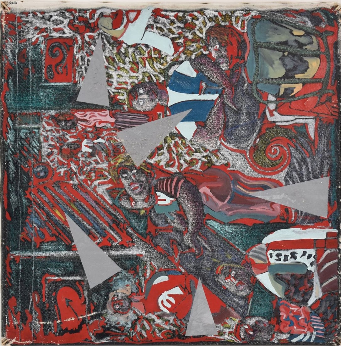 Modern abstract (1982) Signed Illegibly, oil on canvas, abstract people, 16" by 16": Modern abstract (1982) Signed Illegibly, oil on canvas, abstract people, 16" by 16"