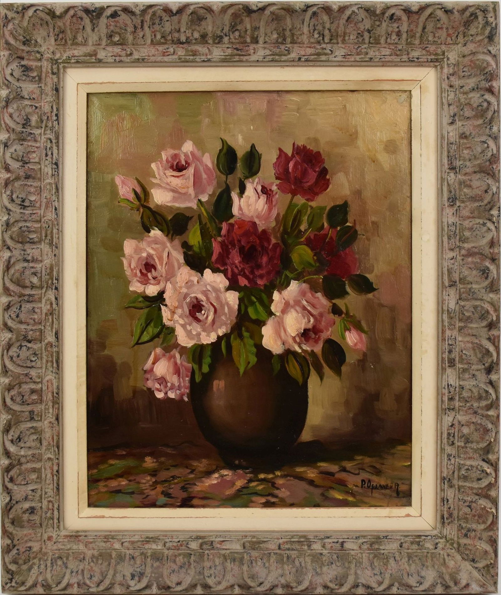 Antique Painting still life, Pink and Red roses in vase, signed P. Openneer oil on canvas approx. (1 of 5)